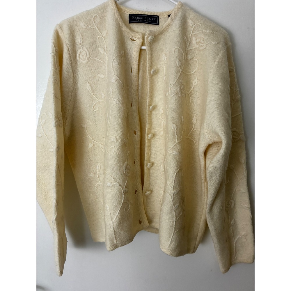 Karen Scott Cardigan Women XL Cream Floral Embroidered Pure Wool Australia Knit
